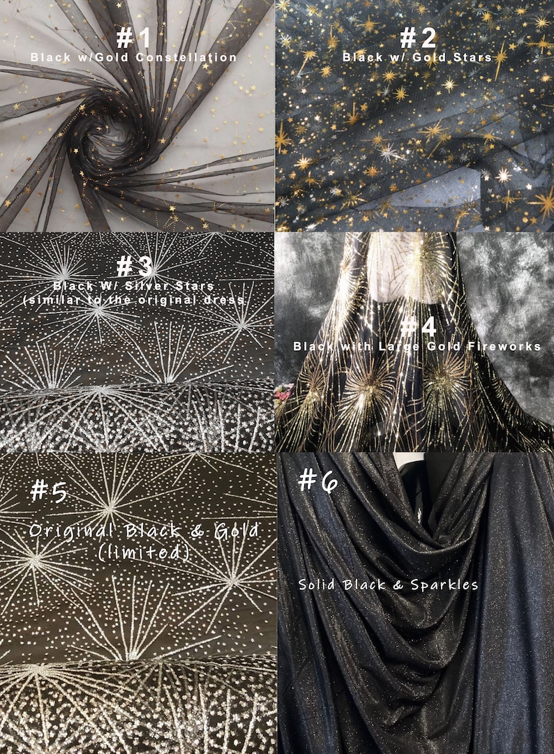 Peut inclure: Six tissus en maille noire diff&eacute;rents avec des embellissements dor&eacute;s ou argent&eacute;s. Les tissus pr&eacute;sentent des constellations, des &eacute;toiles, des feux d'artifice et des paillettes. Les tissus sont num&eacute;rot&eacute;s de 1 &agrave; 6.