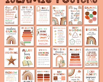 Könnte beinhalten: Eine Sammlung islamischer Poster mit inspirierenden Zitaten und Entspannungstechniken. Die Poster zeigen Strategien zur Beruhigung, Atemübungen und Erinnerungen. Die Farbpalette umfasst Erdtöne und Regenbögen, mit Text in Englisch und Arabisch.