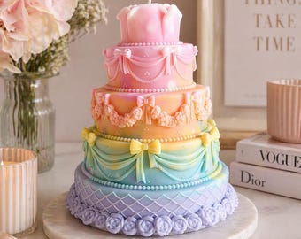 May include: A decorative, multi-layered cake candle in pastel shades. The candle has pink, orange, yellow, green, and purple tiers, decorated with bows, beads, and floral patterns. A white wick is at the top. The candle sits on a marble base.
