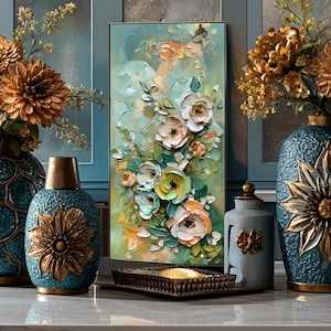 Green Gold Emerald Flower Abstract Textured Wall Art Extra Large Floral living room decor Impasto Textured Floral Wall Art Living Room Decor