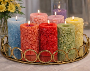Juego de velas cilíndricas florales hechas a mano – Velas decorativas con forma de flor, decoración estética para el hogar, regalo para ella, centro de mesa para bodas, juego de velas de primavera