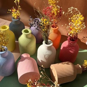 Op de afbeelding: Een verzameling kleurrijke, geribbelde keramische vazen, elk met gedroogde bloemen. De vazen zijn in verschillende pastelkleuren, waaronder roze, geel, blauw en oranje. Sommige vazen staan rechtop, andere liggen, wat een decoratieve weergave creëert.