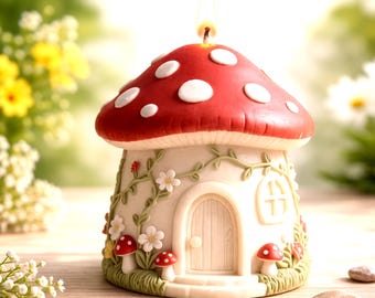 May include: A mushroom-shaped candle with a red cap and white spots. The candle has a cream-coloured base with a door, window, and floral accents. The candle is lit, with a small flame visible.