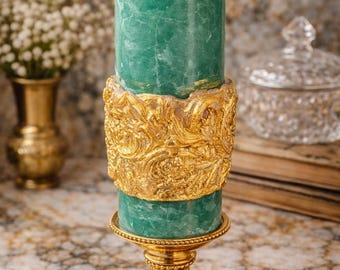 Luxury Emerald Green & Gold Marbled Pillar Candle – Ornate Baroque Decor Candle – Elegant Home Decor Gift – Wedding Centerpiece
