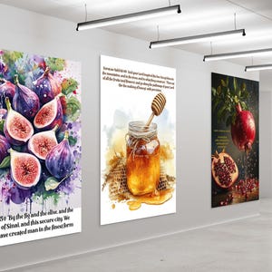 Set of 3 Islamic Art Posters - Quranic Verses Fig Honey Pomegranate - Islamic Wall Art Calligraphy - Kitchen Wall Decoration