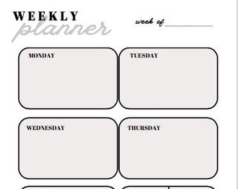 Può includere: Un planner settimanale in bianco e nero con il testo "WEEKLY planner" in alto. Il planner è diviso in sette sezioni per ogni giorno della settimana, con una sezione note in basso.