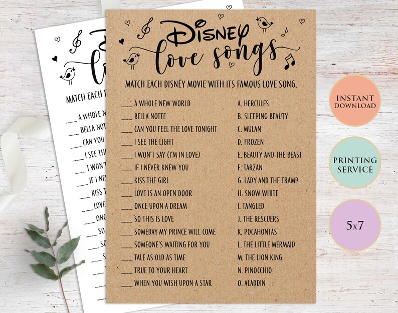 Disney Love Songs Bridal Shower Game Printable Template Fun | Etsy