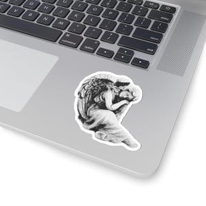 Sticker Serene Angel, laptopstickers, kunstig cadeau voor dierbaren, vintage esthetiek, zwart-wit sticker, handgetekende stippelontwerp