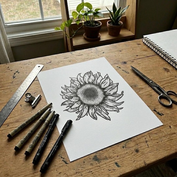 ひまわりの絵プリント、手描きのオリジナル点描画、オーストラリア人