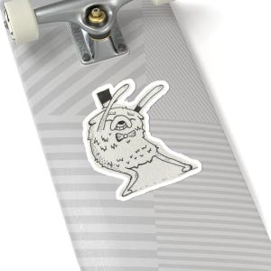 May include: Black and white illustration of a furry creature wearing a top hat and bow tie. The creature is standing on its hind legs and has its arms raised in the air.