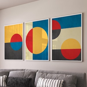 Bauhaus Style Wall Art Set Of 3 Prints, Mid Century Modern Print Set, Abstract Shapes, Colorful Minimalist Wall Decor, Mid Century Wall Art