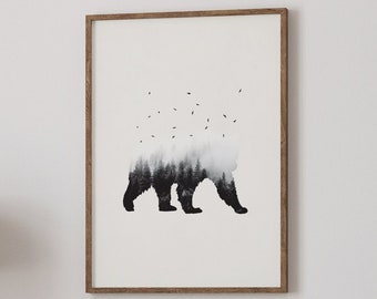 Lámina artística con silueta de oso, póster de animales del bosque con doble exposición.