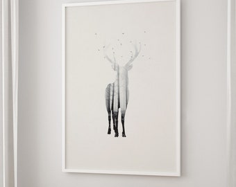 Deer Silhouette, Double Exposure Art, Wild Animal, Forest Art, Home Art Wall Print, Modern Art, Minimalist Art, Graphic Design,Serial Poster