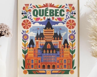 Quebec Floral Wall Art, Chateau Frontenac Art Print, Quebec Colorful Poster, Quebec Urban Print Modern Art, Canada Travel Poster Home Gift