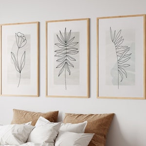 Botanical Wall Prints, Beige Neutral Wall Art, Plants Wall Decor, Botanical Line Art, Beige Home Decor, Hand Drawn Plants, Set of 3 Prints