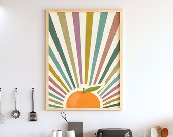 Orange Sun Rays Print, Mid Century Modern Kitchen Art