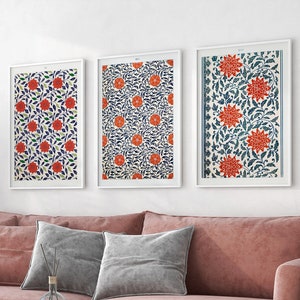 Botanical Pattern Wall Art, Chinese Ornament, William Morris Art inspired, Set of 3 Wall Art Prints, Flower Pattern Art Posters, Art Nouveau