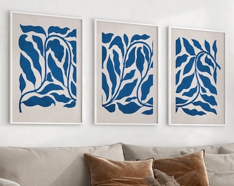 Arte azul, juego de 3 impresiones de arte de pared floral boho, colección de carteles abstractos botánicos, juego de 3 carteles de arte abstracto, impresión de arte de pared boho
