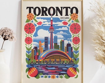 Toronto Floral Wall Art, CN Tower Art Print, Toronto Ontario Colorful Poster, Toronto Urban Print Modern Art,Canada Travel Poster Home Gift