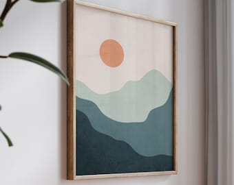 Stampa artistica paesaggistica in stile boho, modernismo di metà secolo, montagne astratte