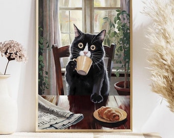 Funny Cat Wall Art, Cat Painting Print, Cat Poster Wall Decor Coffee, Gift for Cat Mom, Cat Lady Art Print, Gift for Her, Mothers Day Art