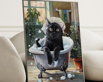 Funny Cat Wall Art, Cat Painting Print, Cat Poster Bathroom Wall Decor, Gift for Cat Mom, Cat Lady Art Print, Gift for Her, Mothers Day Art