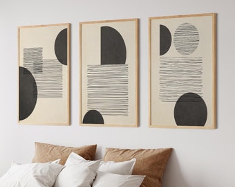 Abstract Geometric Black Set of 3 Prints, Abstract Art, Beige Neutral Bedroom Wall Art Prints, Bedroom Wall Decor, Neutral Beige Wall Decor