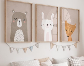 Boho Nursery Prints: Cute Animal Wall Art Set of 3