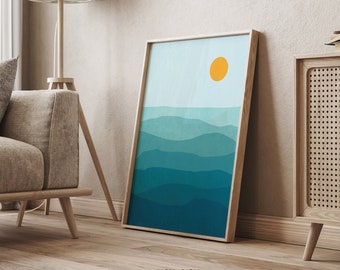 Minimalistische zeegezichtkunstdruk, modern muurdecor uit het midden van de eeuw