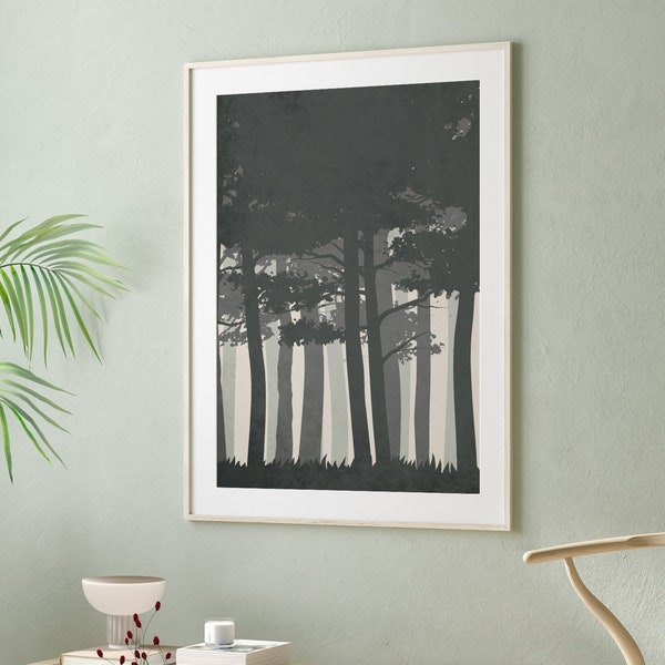 Forêt Art Print, Illustration de la forêt, Art du milieu du siècle, Art mural moderne, Paysage abstrait, Mid Century Modern, Art minimaliste, Affiche en série