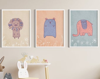 Cute Animals Nursery Wall Prints Set of 3 Scandinavian Animals Prints Nursery Boho Nursery Decor Childrens Room Wall Art Set Nursery Prints