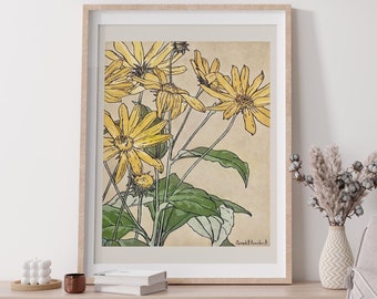 Sun Flower Art, Sunflower Print, Floral Wall Art, Large Art Prints, Floral Print, 11x17 Print, Watercolor Print Wallart, Wall Art Vertical