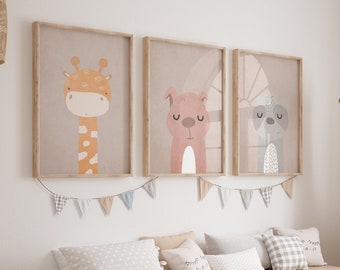 Cute Animals Nursery Wall Prints Set of 3 Boho Nursery Prints Nature Nursery Prints Boho Nursery Childrens Room Wall Art Set Nursery Prints