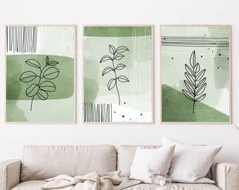 Sage Green Botanical Art Prints, Abstract Mid Century Modern Set of 3