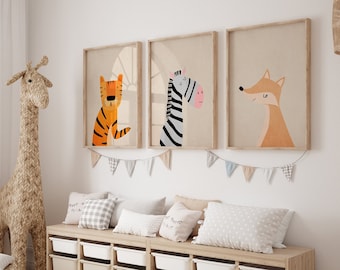 Láminas infantiles de animales de safari, conjunto de arte de pared beige para habitación infantil.