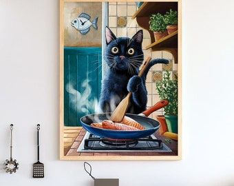 Funny Cat Wall Art, Cat Painting Print, Cat Poster Wall Decor Kitchen, Gift for Cat Mom, Cat Lady Art Print, Gift for Her, Mothers Day Art