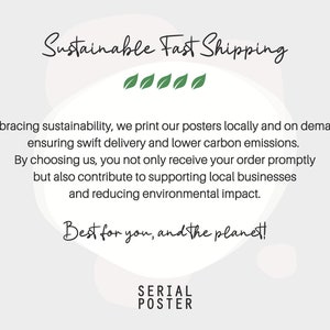 Puede incluir: Fondo blanco con un dise&ntilde;o de hojas verdes y texto que dice "Sustainable Fast Shipping". El texto contin&uacute;a: "Embracing sustainability, we print our posters locally and on demand, ensuring swift delivery and lower carbon emissions. By choosing us, you not only receive your order promptly but also contribute to supporting local businesses and reducing environmental impact. Best for you, and the planet!" El texto "SERIAL POSTER" est&aacute; en la parte inferior de la imagen.