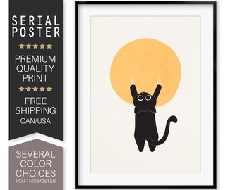 Funny Black Cat Art Print, Mid Century Modern Hanging Cat Poster