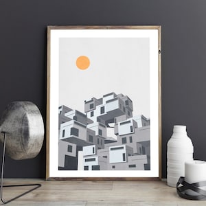 Affiche Habitat 67, H67, art mural Montréal, paysage du Québec, impression d'art bohème, art Mid-Century, paysage moderne, art minimaliste, affiche en série