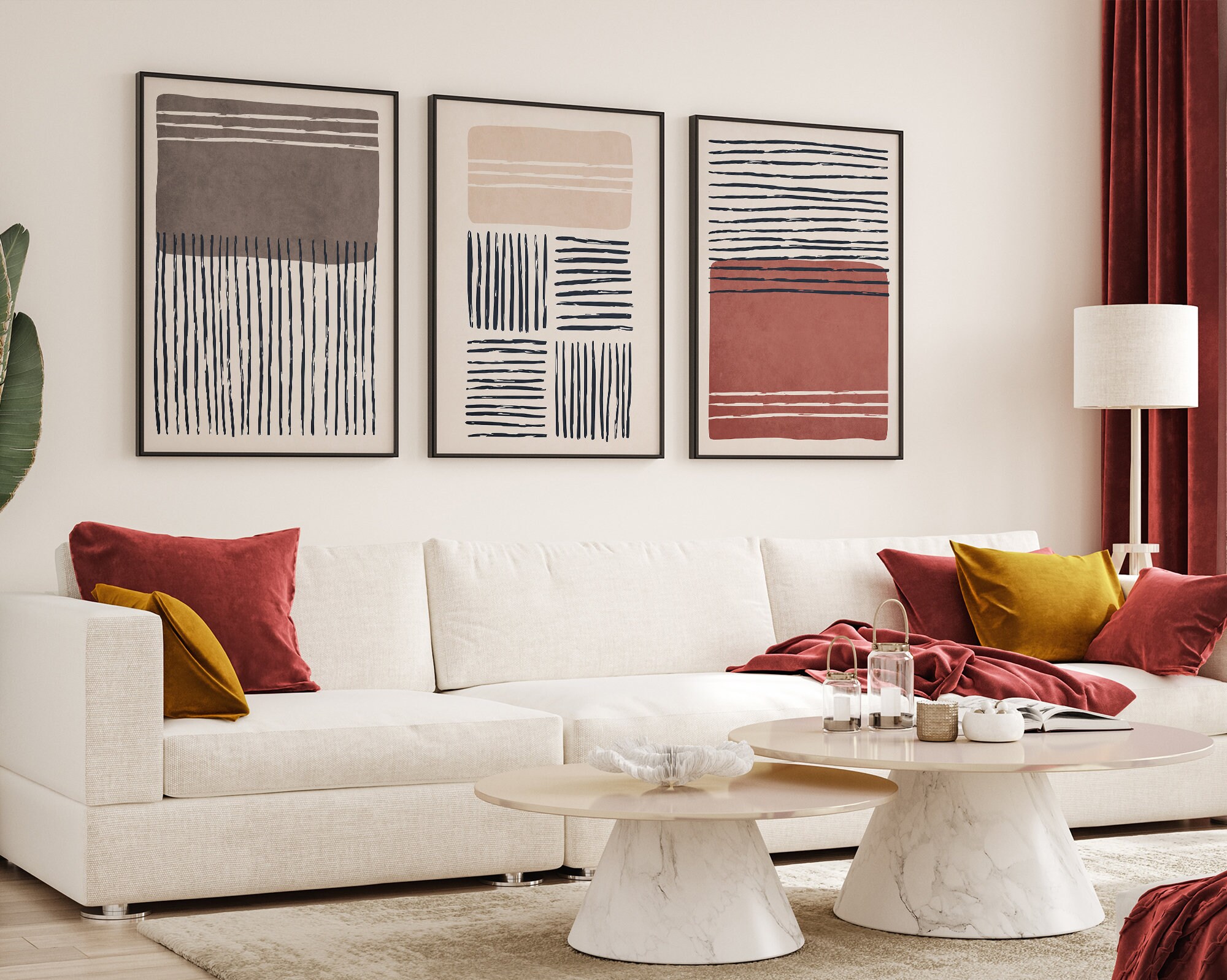 Mid Century Modern Geometric Wall Art Set, Abstract Print, Beige ...