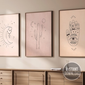 Boho Mystical Wall Art Set of 3, Boho Wall Art Bundle, Mystical Digital Art Prints, Terracotta Wall Decor, Boho Mystical Moon Printable Art