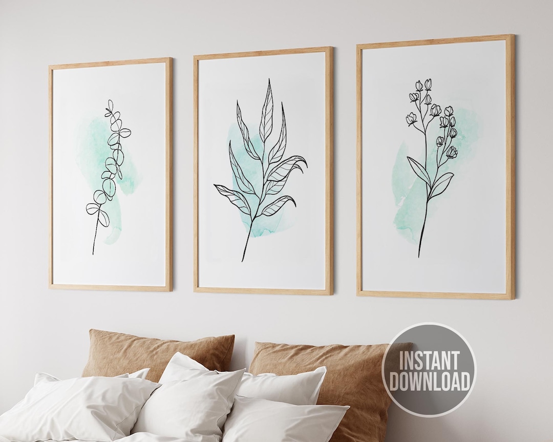 Boho Botanical Print Set of 3, Green Gallery Wall Art, Wild Flowers ...