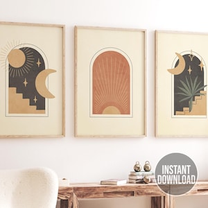 Boho Landscape Wall Art Set of 3, Boho Wall Art Bundle, Mid Century Modern Digital Art Prints, Terracotta, Green, Beige, Boho Printable Art