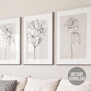 Botanical Line Art, Set of 3 Beige Plant Prints, Neutral Wall Art Prints, Minimalist Printable Art, Instant Download, Living Room Wall Decor