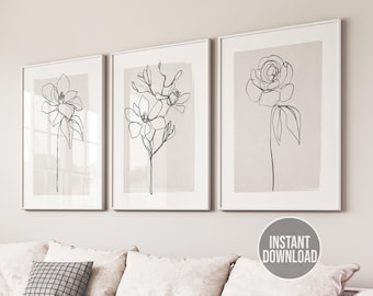 Botanical Line Art, Set of 3 Beige Plant Prints, Neutral Wall Art Prints, Minimalist Printable Art, Instant Download, Living Room Wall Decor