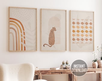 Boho Wall Art Set di 3, Poster stampabile leopardo, Forme astratte nei toni della terra, Decorazione da parete botanica, Arte da parete stampabile, Stampe d'arte da parete Boho