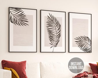 Neutral Wall Art Prints, Botanical Line Art, Set of 3 Beige Plant Prints, Minimalist Printable Art, Instant Download, Living Room Wall Decor