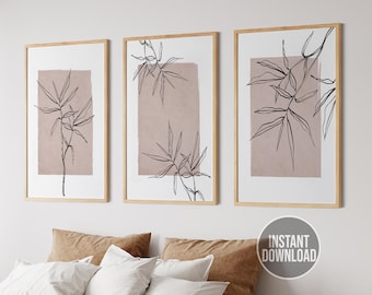 Set of 3 Beige Plant Prints, Neutral Wall Art Prints, Botanical Line Art, Minimalist Printable Art, Instant Download, Living Room Wall Decor