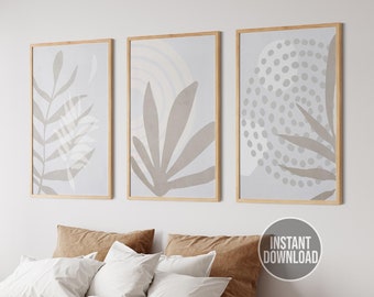 Set di 3 stampe d'arte da parete Boho, poster stampabile botanico, arte botanica minimalista, decorazione d'arte da parete con fogliame Boho, arte da parete stampabile neutra