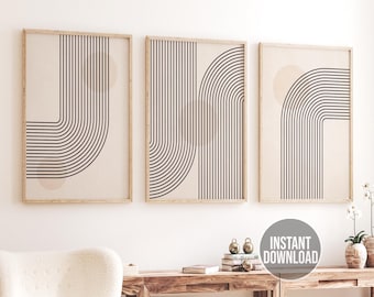 Abstract Geometric Beige Set of 3 Prints, Printable Art, Beige Neutral Bedroom Wall Art Prints, Bedroom Wall Decor, Neutral Beige Wall Decor